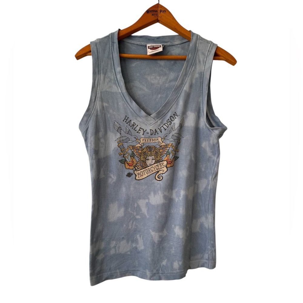 Harley-Davidson Blue Tie Dye Tank Top V-Neck Biker Graphic Las Vegas